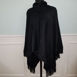 Black Cowl Neck Poncho with Fringe